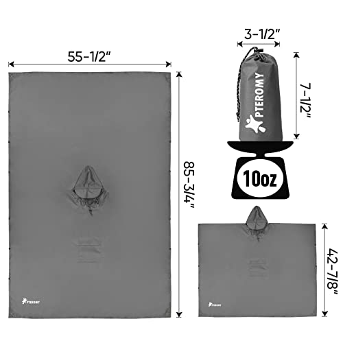 Image of PTEROMY Reusable Rain Poncho, Waterproof Lightweight Unisex Hooded Raincoat for Outdoor Hiking Camping Fishing, Grey, One Size