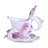 Elegant Colored Ceramic Dolphins Enamel Coffee Mug Porcelain Suit Tea Water Dinkware Cup Mug Saucer Spoon Set(Pink)
