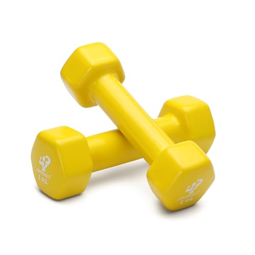 JIMWALT Jimwalt Premium Vinyl Coated Dumbbells - Non Slip Grip| Hex Shape | Reach Compliant| From the House of Healthycliq | Sedex Certified| Strength Training Weight for Home Gym 0.5KG to 10KG (1+1=2 (YELLOW)