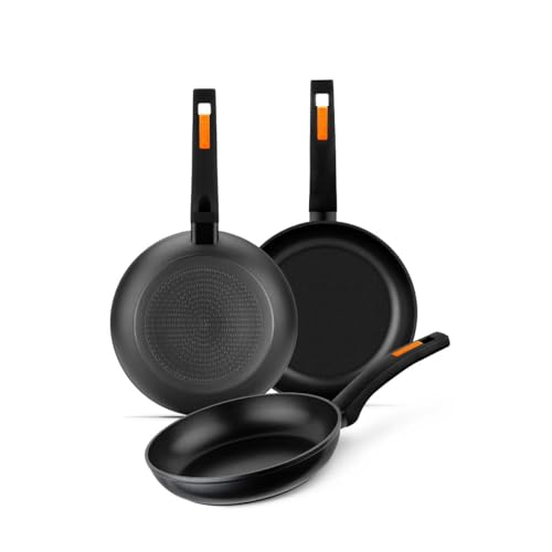 MONIX Fuego | Set 3 sartenes 20-24- 28 cm, aluminio forjado, antiadherente bicapa, sin PFOA, mango baquelita, apta para todo tipo de cocinas incluida inducción