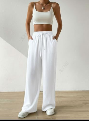 Image of ALYNE Women's Wide Leg Pants High Waisted Linen Look Textured Blend Drawstring Palazzo Trousers with Pockets Casual Relaxed Fit Flowy Soft Comfort Long Pants