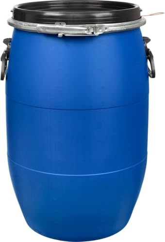Food Grade Blue Plastic Water Tank Barrel - Open Top Storage Drum with Lid & Latch Ring - Airtight Industrial Keg for Liquids & Supplies