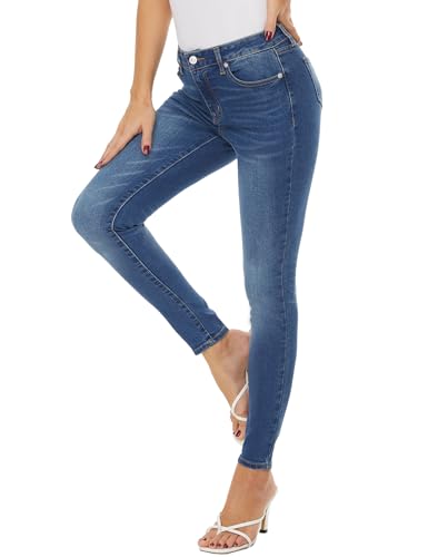 LICTZNEE Womens Skinny Jeans Mid Rise, Stretch Denim Jean Slim Fit Leg Elastic Waist Pants with Pockets（Medium Blue,6）