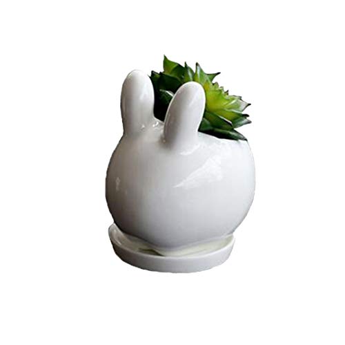 Youfui Rabbit Bunny Ivory White Ceramic Flower Pot Planter for Succulent Cactis Small Simple with Tray