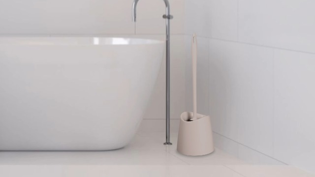 Image of Superio Bathroom Trash Can with Toilet Brush Set Grey Modern 6 Liter Small Waste Basket Plastic Step On Garbage Can and Toilet Bowl Cleaner Bathroom Accessories Set, Taupe