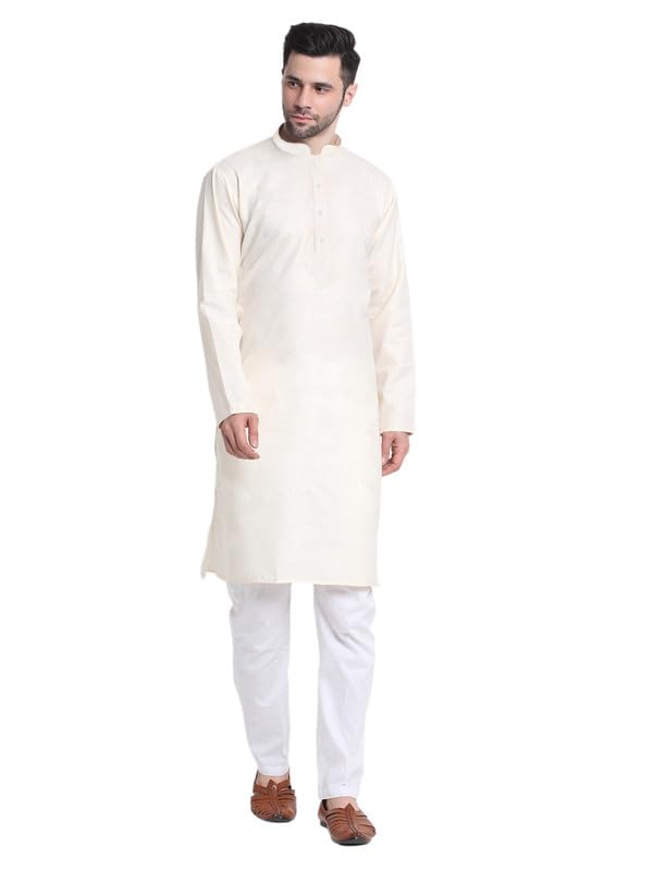 Image of KRAFT INDIA Men's Cotton Solid Kurta With Drawstring Pyjama Set