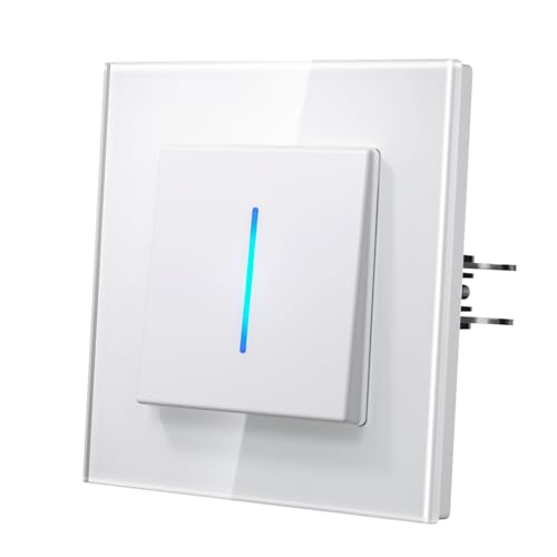 MVAVA Lichtschalter Unterputz, Lichtschalter mit Blaue Leuchtstreifen, Moderne Glas Schalter, Einfache Montage 86mm*86mm Wandschalter, 1 Fach 1 Weg Weiß