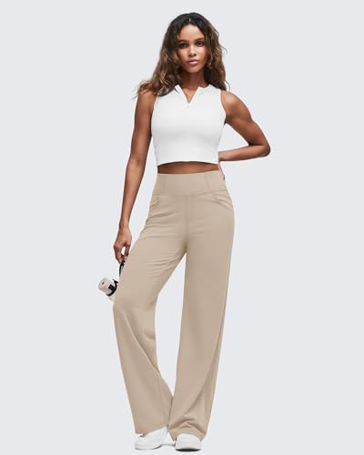 G4Free Wide Leg Khaki Pants Women High Waisted Tummy Control Pants Dress Lounge Trousers with Pockets (Light Khaki,XL,28")3