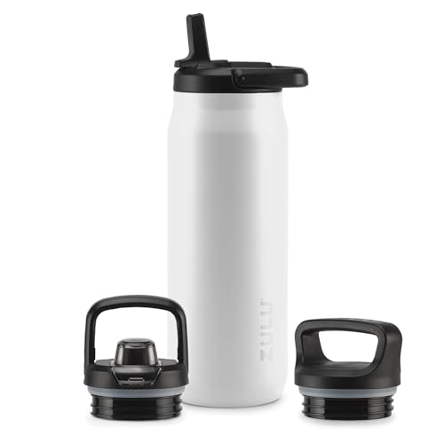 Image of ZULU Base 32oz Stainless Steel Water Bottle with 3 Lids- Straw, Chug, Twist | Double Walled and Vacuum Insulated Metal Thermos | For Gym, Workout, Outdoor | Built in Carry Loop, Dishwasher Safe, White