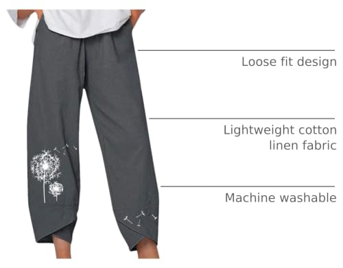 Image of Cotton Linen Capri Pants for Women 2025 Casual Printed Cropped Palazzo Pants Elastic Waist Lounge Baggy Trousers