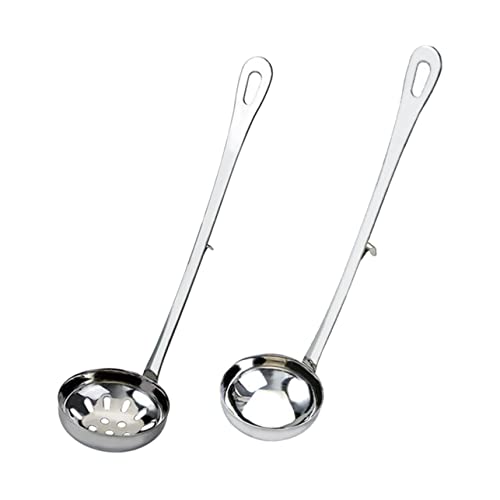 Wakauto 2pcs Stainless Steel Hot Pot Colander Soup Spoon with Hooked Long Handle Oil Filter Utensils for Kitchen Restaurant Home and Bar Use