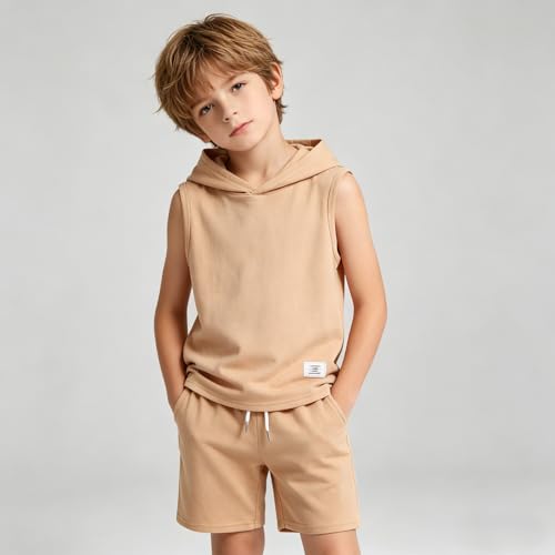 Image of Size 6-12 Years Boys Summer Clothes Hooded Sleeveless Tank Tops Workout Shorts 2 Piece Set Fashion Outfits