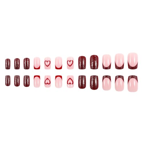 24 PC San Valentín False Nails Prensa Corta En Las Uñas Corazón Uñas Acrílico Francés En Uñas Para Mujeres Niñas