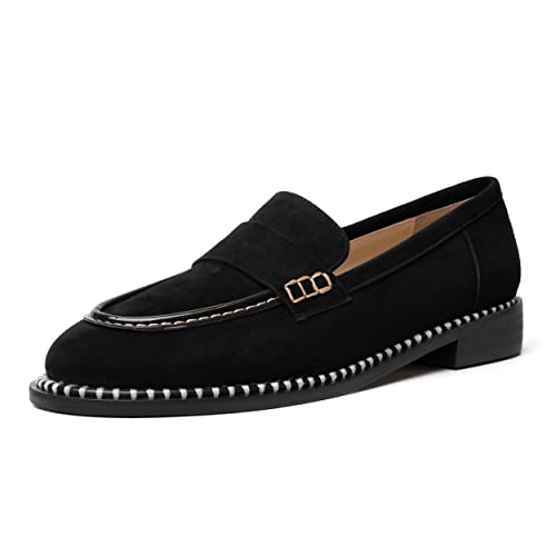 Image of FOGEENA Womens Penny Round Toe Casual Fashion Slip On Suede Leather Chunky Low Heel Loafers Dress Shoes 1 Inch