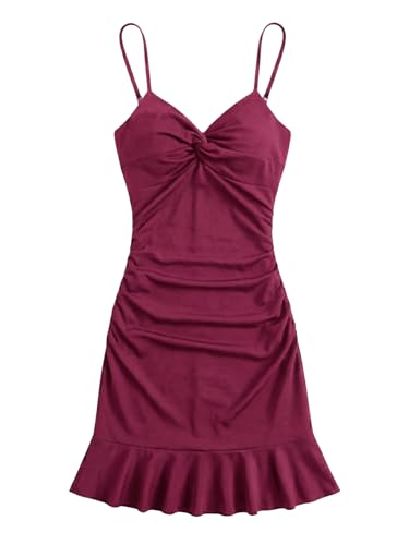 Image of Floerns Women's Summer Tropical Twist Front Ruched Ruffle Hem Bodycon Cami Dress