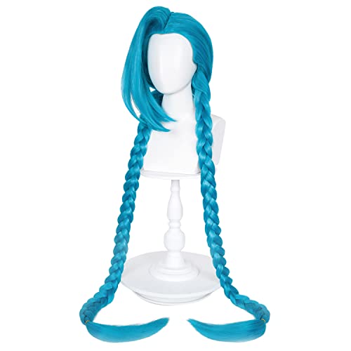 Long Blue Braided Wig for Jinx Cosplay Wig with Bangs Anime Game Hair Wig with Braids Pigtails for Women Girls Include Cap