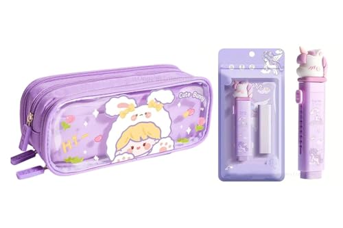 Image of Kawaii Cute Pencil Pouch with Push Pull Eraser Set for Kids,Premium Canvas Zipper Stationery Organizer Box with Cartoon Design | School Supplies Gift Combo for Boys & Girls (Cute Bunny + Eraser)