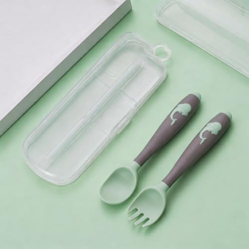 Image of Hian Baby Spoon & Fork Set with Travel Case | BPA Free TPA Soft Flexible Handle | Toddler Training Utensils for Self Feeding | Safe Baby Feeding Set for 6-36 Months(Green,Pack of 2)