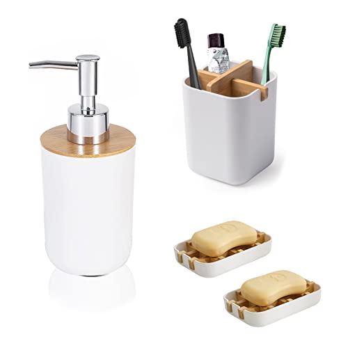 Dotodo Bamboo Soap Dispenser + Toothbrush Holder + 2Pcs Bamboo Soap Dishes For Shower, Bathroom, Kitchen, Bathtub, Bar Sink #TOP18