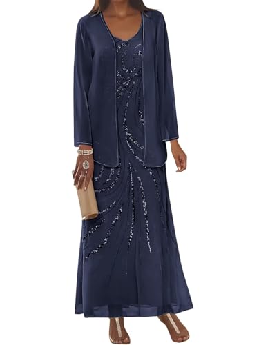 TORYEMY Long Sleeve Mother of The Bride Dresses with Jacket Navy Blue Chiffon Formal Dresses 2 Piece Sequin Evening Dresses for Women Size 12