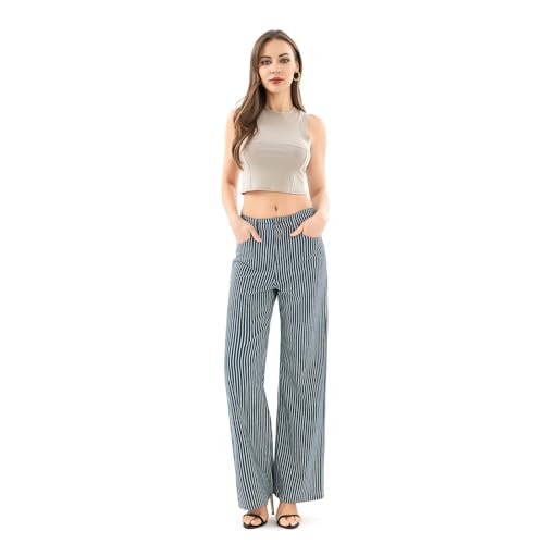 Women's High Waist Elastic Waist Wide Leg Pants Striped Straight Jeans Tummy Control Casual Denim Pant with Pocket4