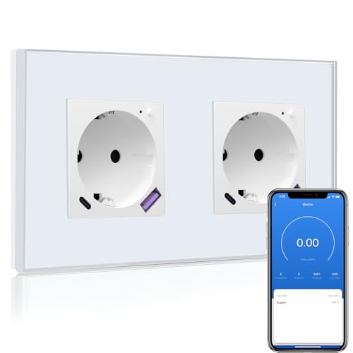 BSEED Wlan Schuko Steckdose mit USB C 20W Schnellladegerät,Smart Steckdose Unterputz mit Strommessung,Arbeit mit Alexa/Google Home,Stromzähler für Doppelsteckdose mit Smart Life App,2 Fach 157mm Weiß