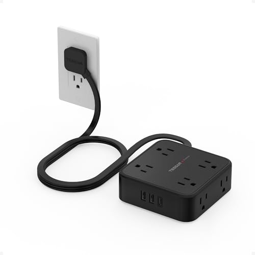 Image of TESSAN Surge Protector Power Strip, 5 Ft Flat Plug Extension Cord with 3 USB (1 USB C) 8 Outlets, 1875W, 900J Protection, 3 Sided Outlet Extender with Power Switch for Office, Dorm Room, Black