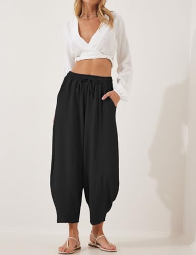 Lviefent Women Wide Leg Capri Pants Casual Elastic Waist Cropped Beach Palazzo Barrel Pants with Pockets3