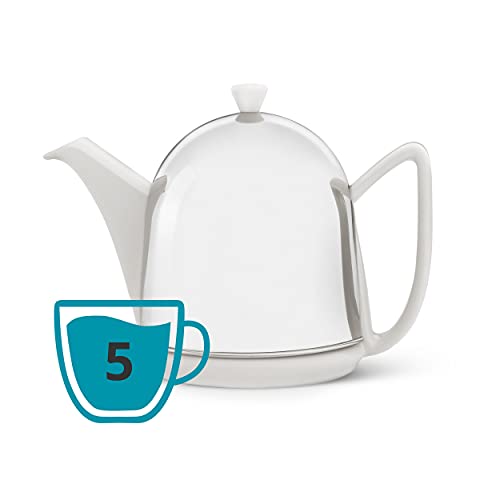 Bredemeijer kleine weiße glänzende Keramik Teekanne 1.0 Liter mit Edelstahlhaube