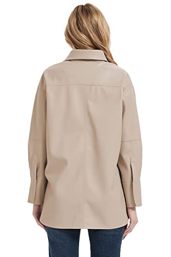 Risissida Women Faux Leather Jacket Shacket Button Down Long Sleeve Shirts Spring And Fall, Plus Size Oversized Vegan Leather Casual Pleather Blouses With Breast Pockets Beige 21001 Xx-L #TOP1