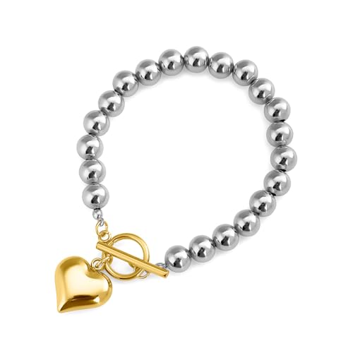 Image of PALMONAS 18k Multi Tone Plated Silver Bead Bracelet with Gold Heart Charm for Womens | Gifts for Girlfriend, Gifts for Women and Girls |