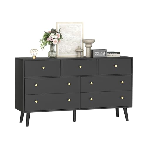 Image of SINROM 55" Black Dresser, 7 Drawer Dresser for Bedroom with Wide Drawers and Gold Knobs, Wood Dressers & Chests of Drawers