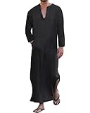 YAOHUOLE Men's V-Neck Long Sleeve Robe Side Split Kaftan Long Gown Thobe with Pockets Black L