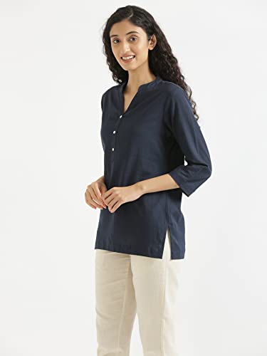 Image of SAADAA Women Short Kurti Airy Linen Regular Fit Kurta with 3 /4th Sleeves, Mandarin Collar, Side Slit Perfect for Casual, Formal, and Ethnic Wear