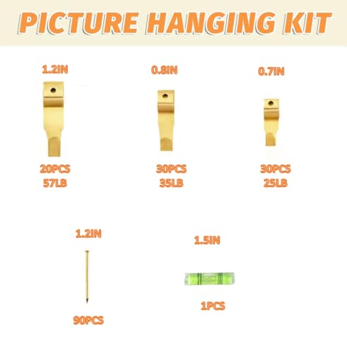 Image of 171PCS Copper Plating Picture Hanging Kit - Heavy Duty Wall Hooks,Photo Frame Hangers (57lb, 35lb, 25lb Hooks, Nails & Mini Level)