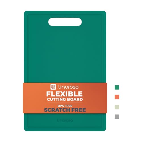 Linoroso Schneidebrett Kunststoff - BPA-frei Flexibles Frühstücksbrettchen Küchenbrett - Kratzfest, leicht und tragbar - 25x35 cm Obstbrett mit Saftschlitz Spülmaschinenfest - Grün