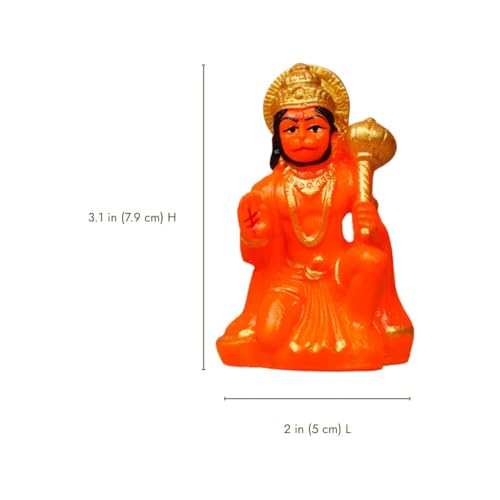 Image of Orange Hanuman Ji Murti Blessing Hanuman Idol Sitting Bajrangbali Balaji Sankat Mochan Bhagwan Statue with Gada for Temple Mandir Car Dashboard Home Decor Resin Hanuman Statue 3.1 Inches