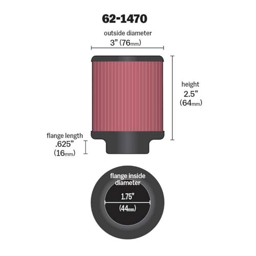 Image of K&N Vent Air Filter / Breather: High Performance, Premium, Washable, Replacement Engine Filter: Flange Diameter: 1.75 In, Filter Height: 2.5 In, Flange Length: 0.625 In, Shape: Breather, 62-1470