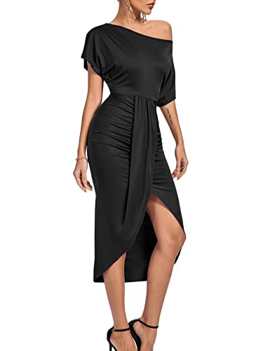 Image of LYANER Women's One Off The Shoulder Ruched Wrap Front Split Hem Draped Party Midi Dress