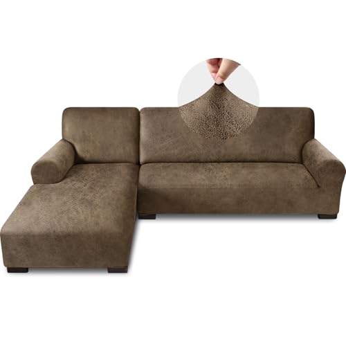 Pfrstuv Sectional Couch Covers, Leather Look Sofa Cover L Shape 2PCS Soft Stretch Slipcover for Sectional Sofa, Non Slip Furniture Protector (3 Seat Sofa + 3 Seat Right Chaise, Light Brown)