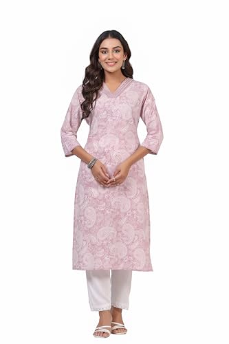 Image of Ichaa Women's Pure Cotton Embroidered V-Neck Ethnic Kurta with 3 /4th Sleeve for Daily and Office Wear, in Plus Sizes