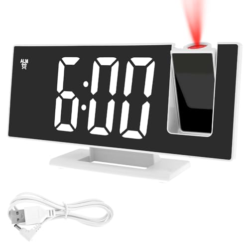 Projection Alarm Clocks for Bedside, Digital Alarm Clock with 180° Rotatable Projector, 3-Level Brightness Dimmer, Large LED Display, 5 Minutes Snooze, Digital Clock for Bedroom Office Dorm(White)
