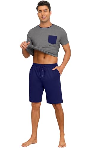 Image of PrinStory Mens Summer Pajamas Set Lightweight Pjs Sets Short Sleeve Pajama Shorts Set Soft Sleepwear Loungewear with Pockets