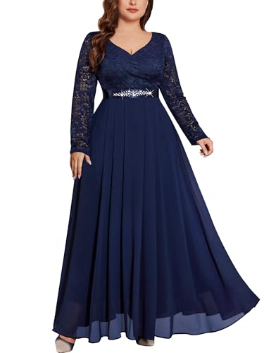 MISSMAY Women's Plus Size Floral Lace V Neck Rhinestone Ribbon Waist Chiffon Formal Bridemaid Maxi Dress