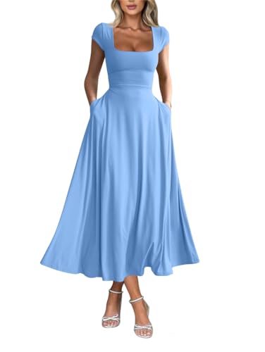Robe longue femme manches courtes col carré avec poches style casual chic