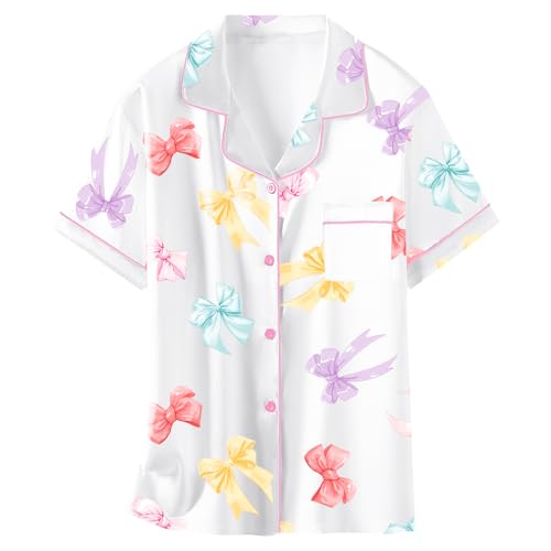 Image of Schbbbta Girls Womens Pajamas, Satin Silky Pjs Set Kids 2Pcs Button-Down Nightwear Sleepwear Gift for Mommy and me