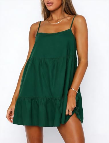 Image of OZICERD Flowy Short Sundress Mini Babydoll Dresses for Women Going Out Tiered Ruffle Beach Spaghetti Strap Swing Dress Cute