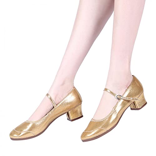 Hbeylia Glitter Dress Balltet Shoes For Women Ladies Gold Glittering Leather Round Toe Kitten High Heels Ankle Strap Dressy Pump Ballet Flats For Wedding Dancing Dress Evening Party
