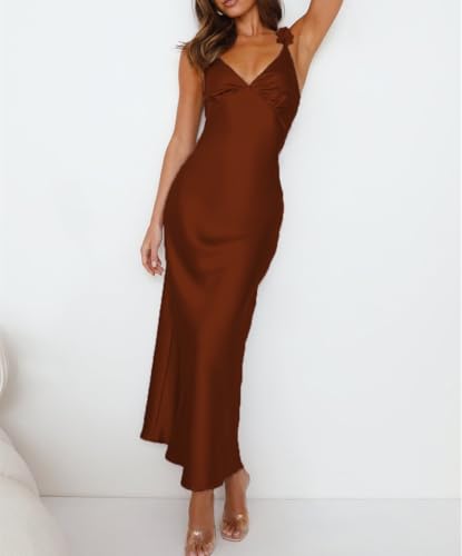 Image of Phicia Summer Satin Spaghetti Strap V Neck Midi Dresses for Women Wedding Guest Elegant Flower Backless Cocktail Formal Dress