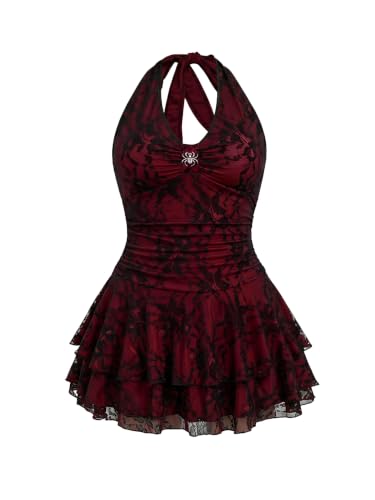 Image of BEAUDRM Women's Y2k Goth Mini Dress Grunge Punk V Neck Tie Back Halter Short Dresses Gothic Halloween Costumes